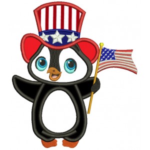 Patriotic Penguin Wearing USA Hat and Flag Applique Machine Embroidery Design Digitized Pattern